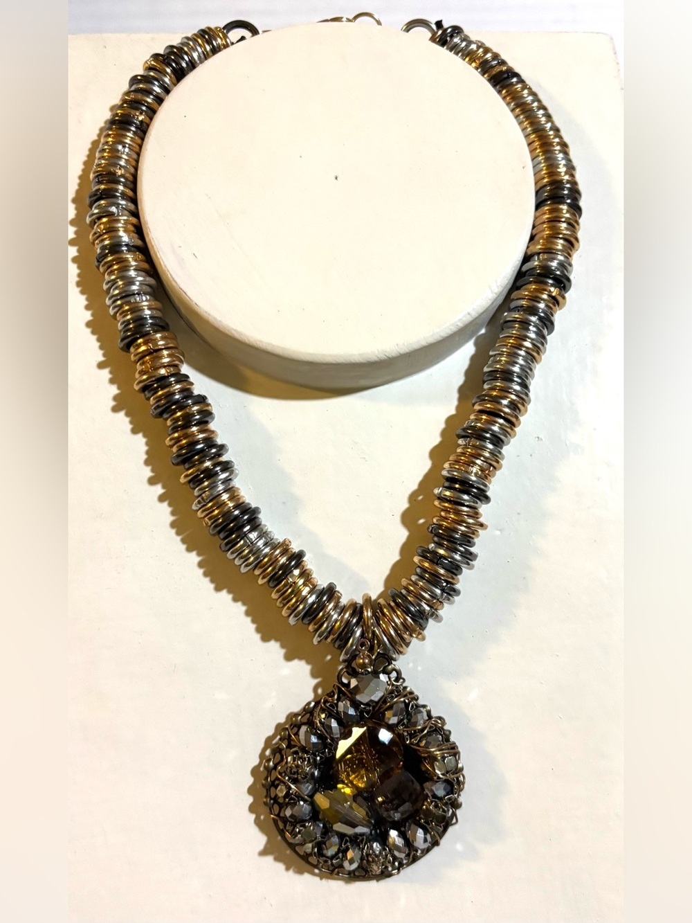 Handmade Gold and Silver Disc Necklace with Faceted Pendant
